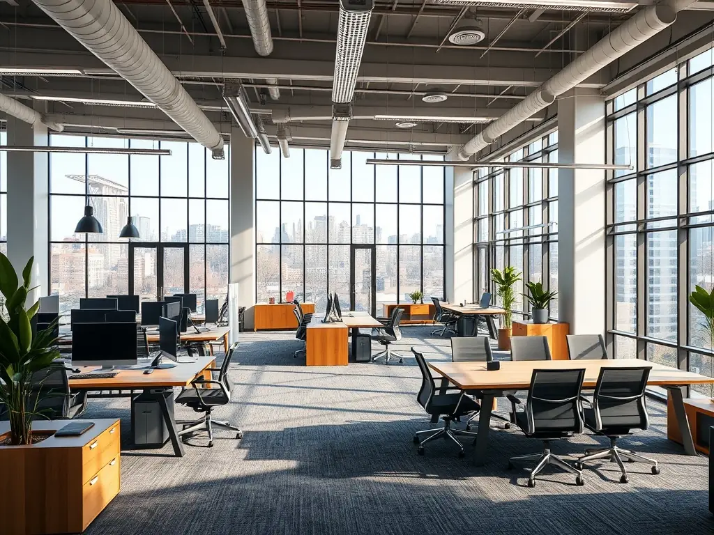 A modern and functional office space with collaborative areas, ergonomic furniture, and vibrant decor, reflecting MPU Construction Group's capabilities in commercial renovations.